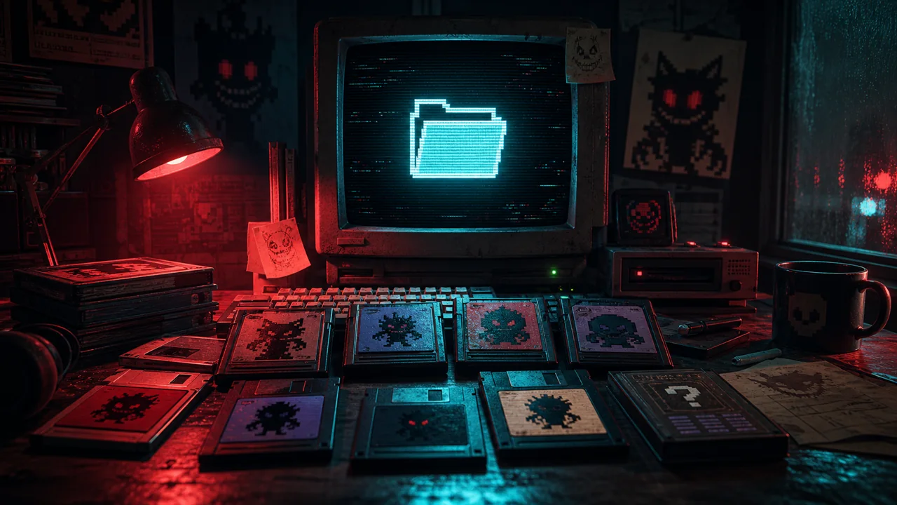 A dark retro computer desk with glowing EXE game screens on a CRT monitor